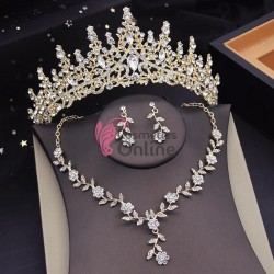 Coroana cu colier si cercei AS03BB Auriu cu cristale din sticla Argintii